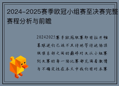 2024-2025赛季欧冠小组赛至决赛完整赛程分析与前瞻